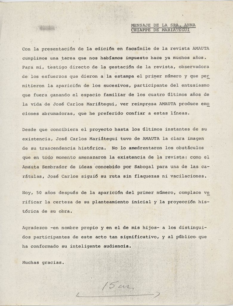 Mensaje de Anna Chiappe de Mariátegui para la presentación de la edición facsimilar de Amauta, 1976. Fotocopia. 1 h. Archivo José Carlos Mariátegui